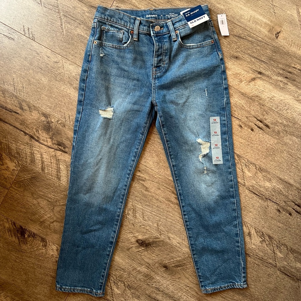 Old Navy NWT Girls High-Rise Distressed Straight Jeans Medium Wash Size 12